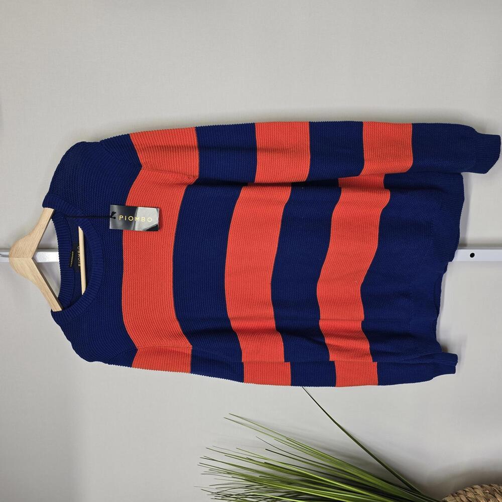 Piombo Men's Crew Neck‎ Sweater Blue and Orange Striped XL